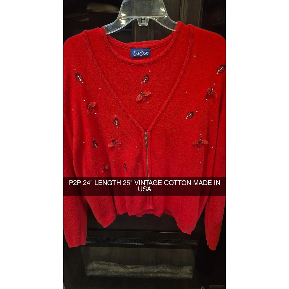 Vintage Las Olas Red Cotton Twinset Ladybug Embroidered Cardigan Shell XL USA